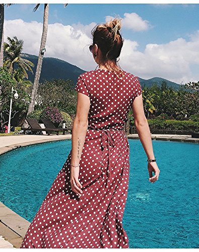 W-GRACE Women Summer Boho Polka Dots Deep V Neck Wrap Dress Cap Sleeve Chiffon Vintage Beach Maxi Dress