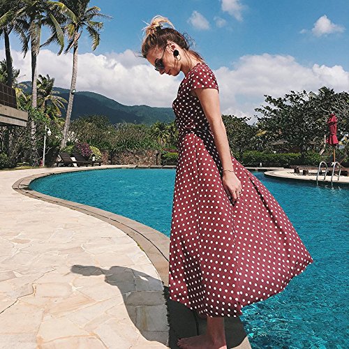 W-GRACE Women Summer Boho Polka Dots Deep V Neck Wrap Dress Cap Sleeve Chiffon Vintage Beach Maxi Dress