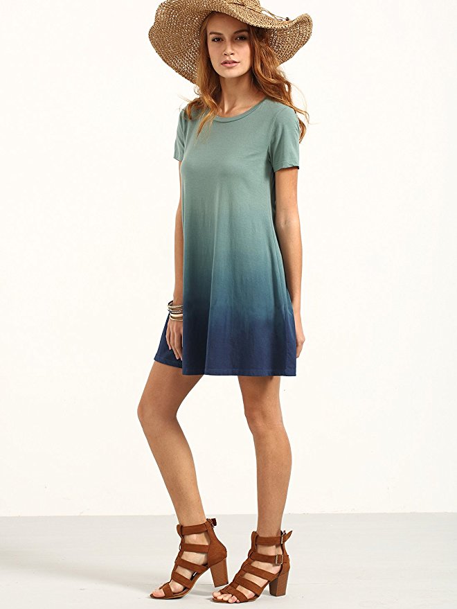 Romwe Women's Tunic Swing T-Shirt Dress Short Sleeve Tie Dye Ombre Dress