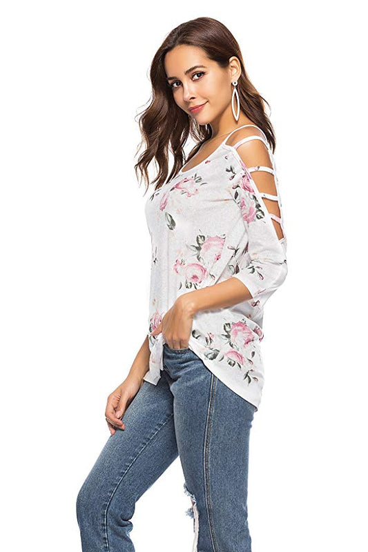 Women's Floral Print Blouse Tops 3/4 Sleeve Hollowed Out Shoulder Shirt