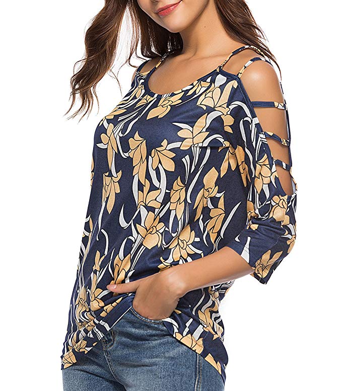 Women's Floral Print Blouse Tops 3/4 Sleeve Hollowed Out Shoulder Shirt