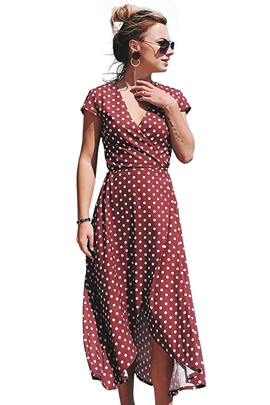W-GRACE Women Summer Boho Polka Dots Deep V Neck Wrap Dress Cap Sleeve Chiffon Vintage Beach Maxi Dress