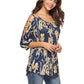 Women's Floral Print Blouse Tops 3/4 Sleeve Hollowed Out Shoulder Shirt