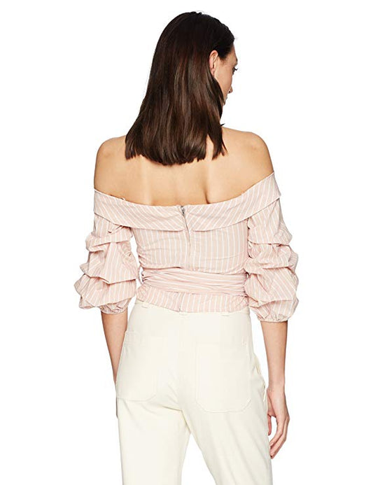 ASTR the label Women's Carrie Off The Shoulder Puff Sleeve Crop Top, Dusty Blush Stripe