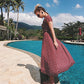W-GRACE Women Summer Boho Polka Dots Deep V Neck Wrap Dress Cap Sleeve Chiffon Vintage Beach Maxi Dress