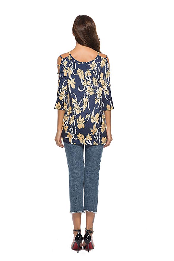 Women's Floral Print Blouse Tops 3/4 Sleeve Hollowed Out Shoulder Shirt
