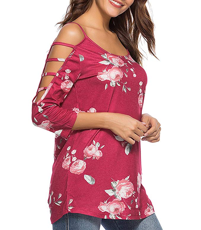 Women's Floral Print Blouse Tops 3/4 Sleeve Hollowed Out Shoulder Shirt