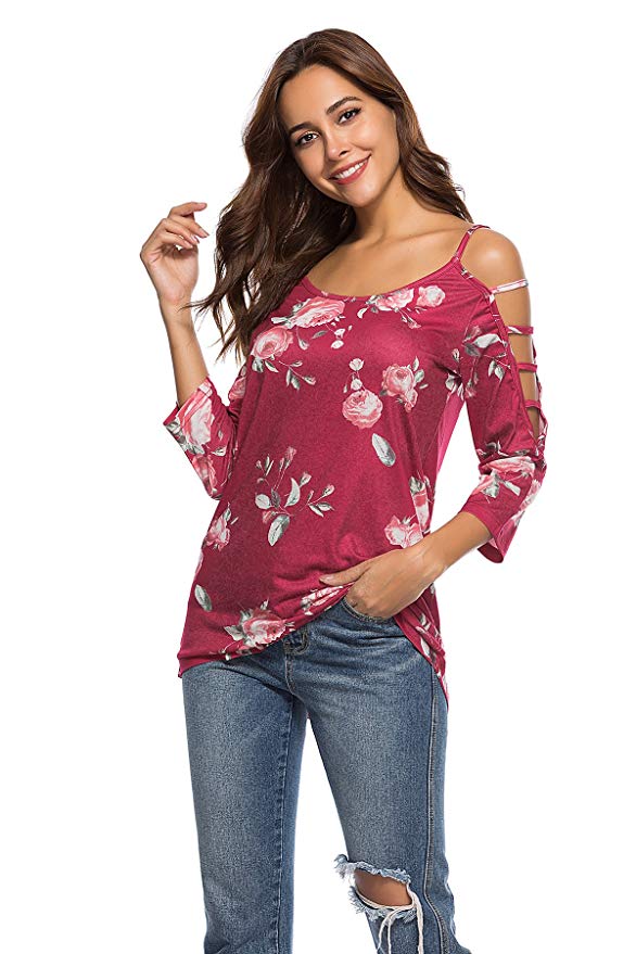 Women's Floral Print Blouse Tops 3/4 Sleeve Hollowed Out Shoulder Shirt