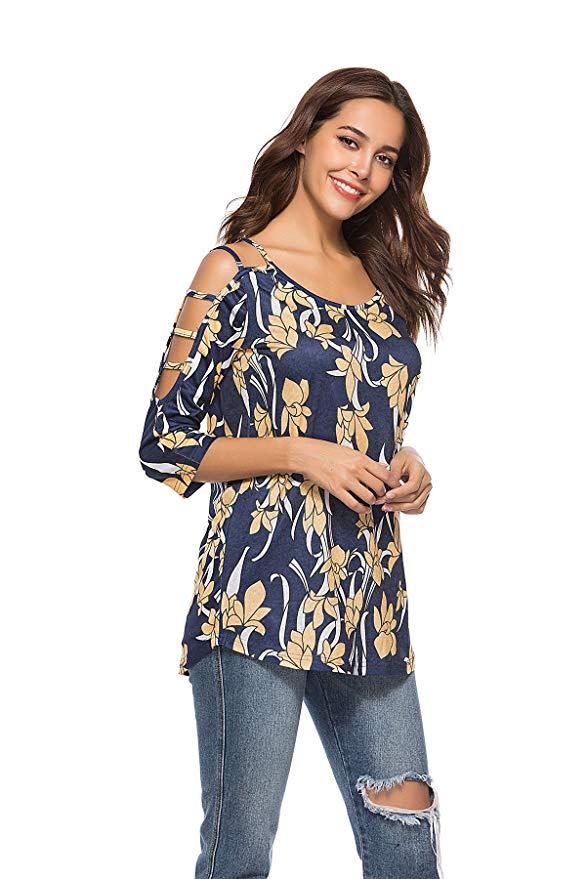 Women's Floral Print Blouse Tops 3/4 Sleeve Hollowed Out Shoulder Shirt