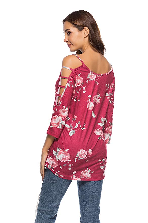 Women's Floral Print Blouse Tops 3/4 Sleeve Hollowed Out Shoulder Shirt