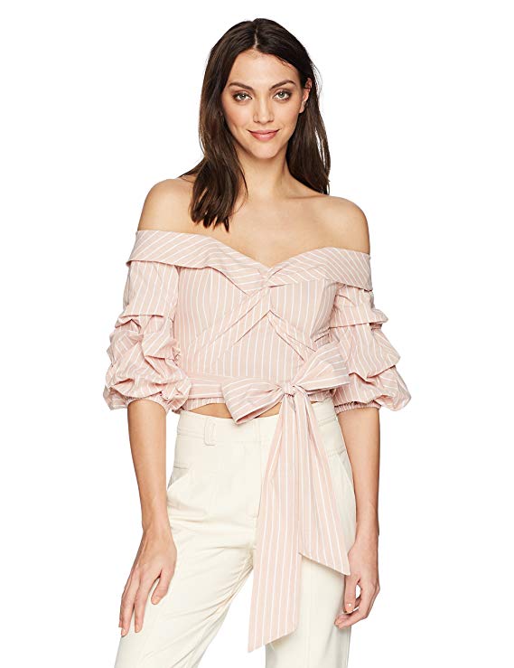 ASTR the label Women's Carrie Off The Shoulder Puff Sleeve Crop Top, Dusty Blush Stripe