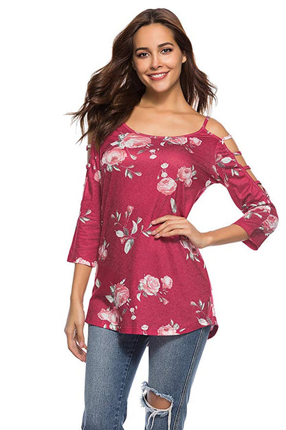 Women's Floral Print Blouse Tops 3/4 Sleeve Hollowed Out Shoulder Shirt