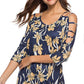 Women's Floral Print Blouse Tops 3/4 Sleeve Hollowed Out Shoulder Shirt